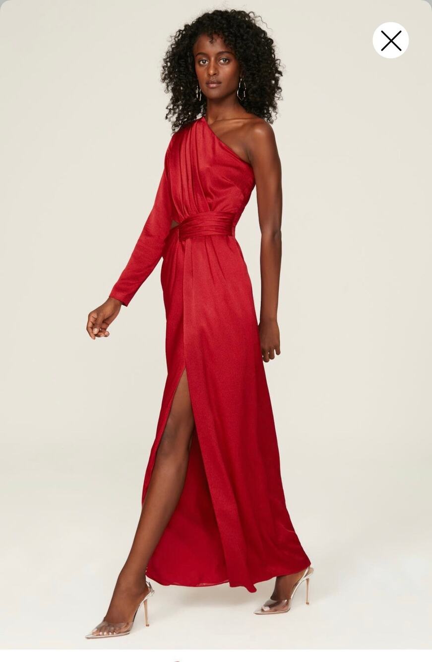 ML MONIQUE LHUILLIER Red Drapey One Shoulder Thigh Grazing Slit Gown size 4
